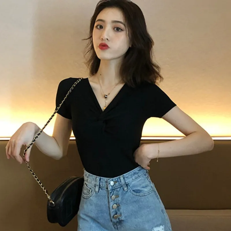 

Summer Women Knitted Sexy T-Shirt Short Sleeve T Shirt Fashion V Neck Top Tee Female Shirt