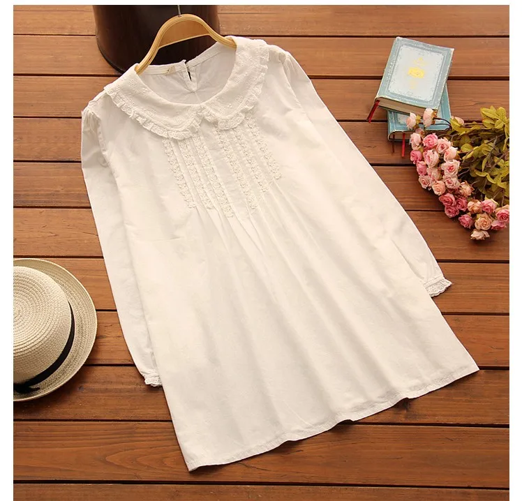 Hollow out embroidery peter pan collar cotton 100 white long sleeve