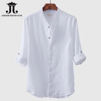 

New Men White Linen Shirts Collar Long Sleeve Breathable Thin Soft Shirt Men Casual Linen Shirt Men's Clothing M-XXL