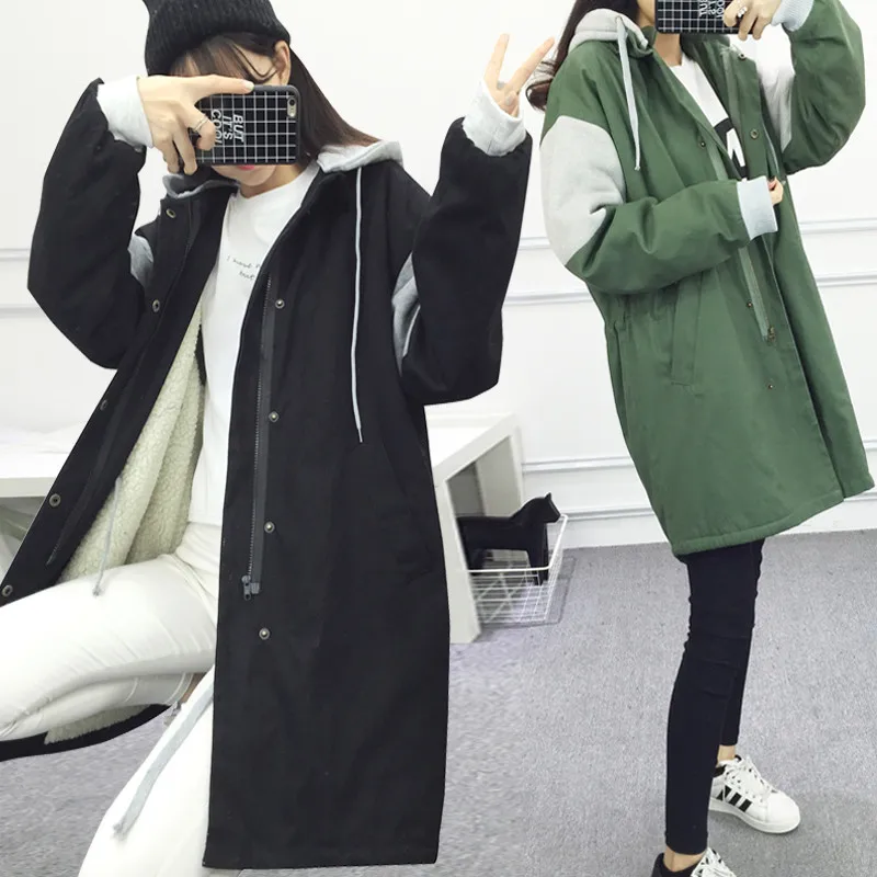 

Fashion 2018 Plus Velvet Jackets Women's Long Windbreaker BF Loose Cotton Padded Parka Korean Winter Jacket Hooded Lamb Coat V25