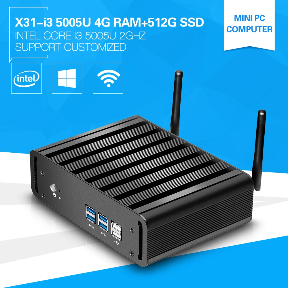 Powerful Mini PC Core i3 5005U 2.0GHz Windows 8 Micro Computer 4G Ram 512G SSD HDMI VGA Support Build-in-wifi Fanless