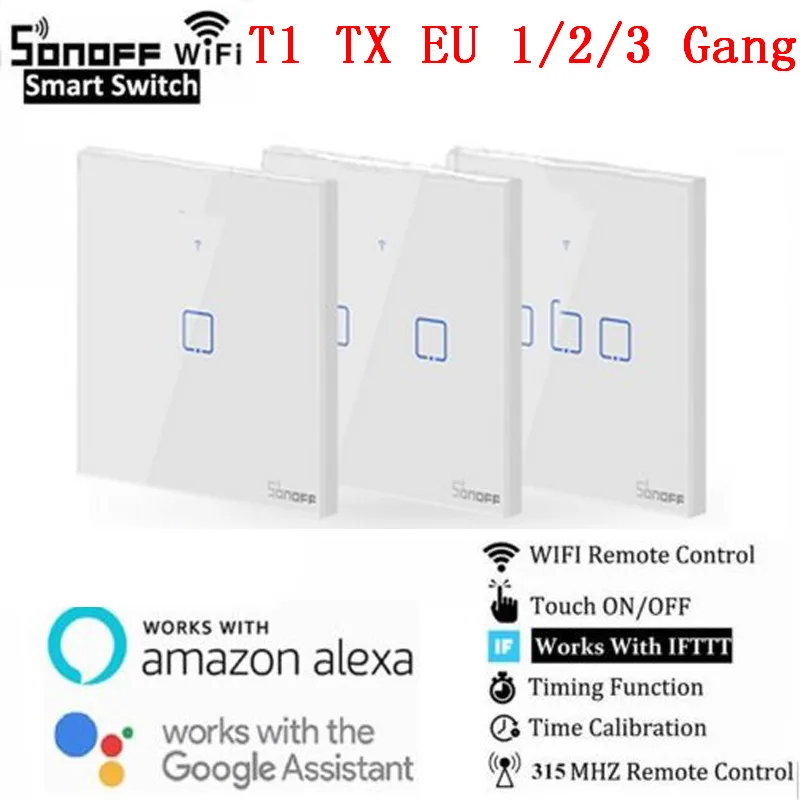 Интеллектуальный выключатель света Sonoff T1 стандарта ЕС, США, Великобритании 86 1/2/3 TX 433 МГц RF Дистанционное управление Wi-Fi настенный переключатель умный дом пульт дистанционного управления переключатель работает с Alexa Google Home