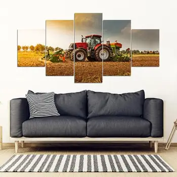 

5 Piece Hd Print Canvas Painting Red Tractor Harvester On Farm Modern Landscape Poster Wall Art Picture For Bedroom Home Decor