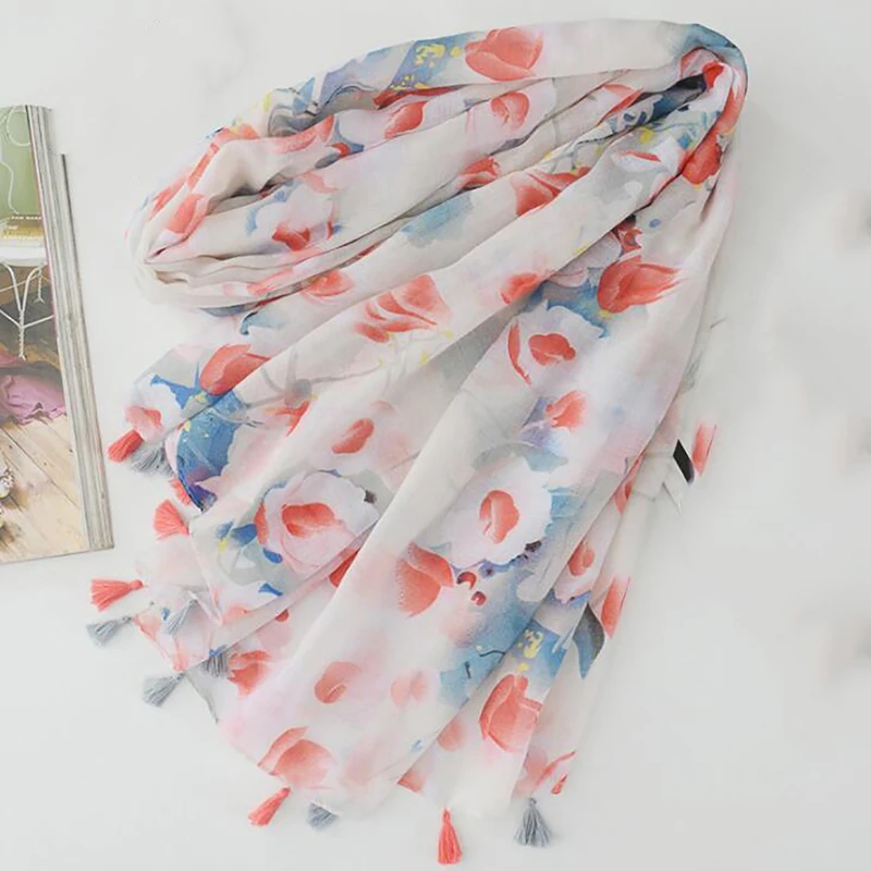 

Fashion Scarves For Women Summer Flower Printed Long Soft Scarf Wrap Shawl Stole Pashmina Scarves Beach Female Scarf