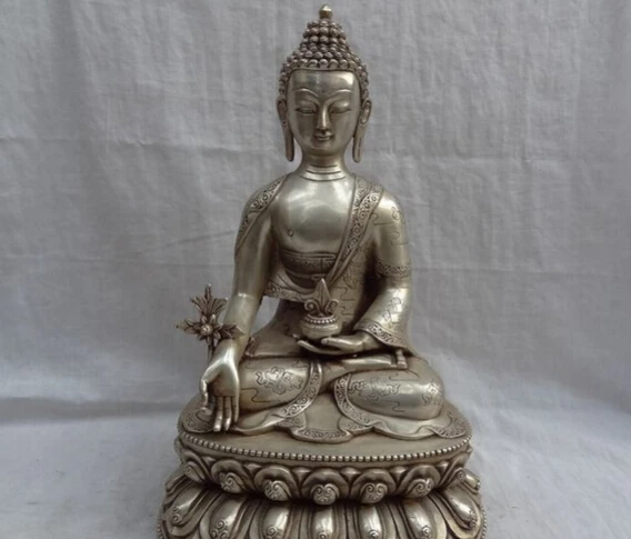 

song voge gem S2390 13" Tibet Buddhist Silver 8 Auspicious Symbol Medicine Shakyamuni Buddha Statue