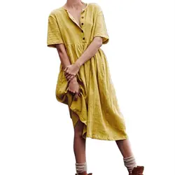 Женское платье летняя мода Soild свободное платье 2019 короткий рукав кнопка женское платье-миди повседневные платья с круглым вырезом Vestidos