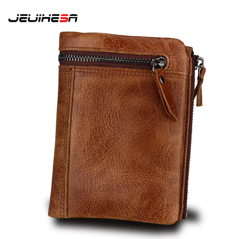 

New Anti-Theft Genuine Leather Short Wallet Casual Small Men Wallet Zipper Coin Purse Famous Brand Card Holder Portomonee