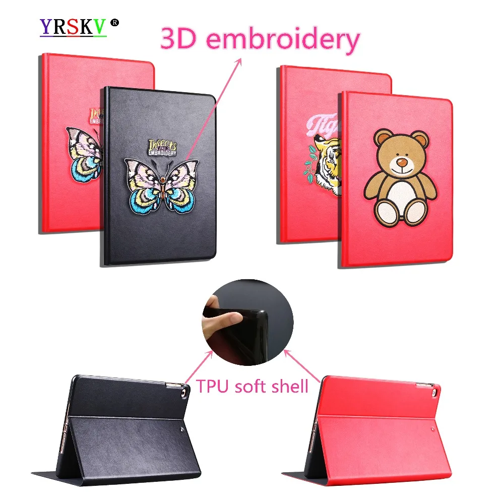 

YRSKV 3D embroidery Cartoon Case for iPad 9.7 inch 2017/2018 release 6th Smart sleep/wake TPU soft Cover Air 1/2 Stand Leather