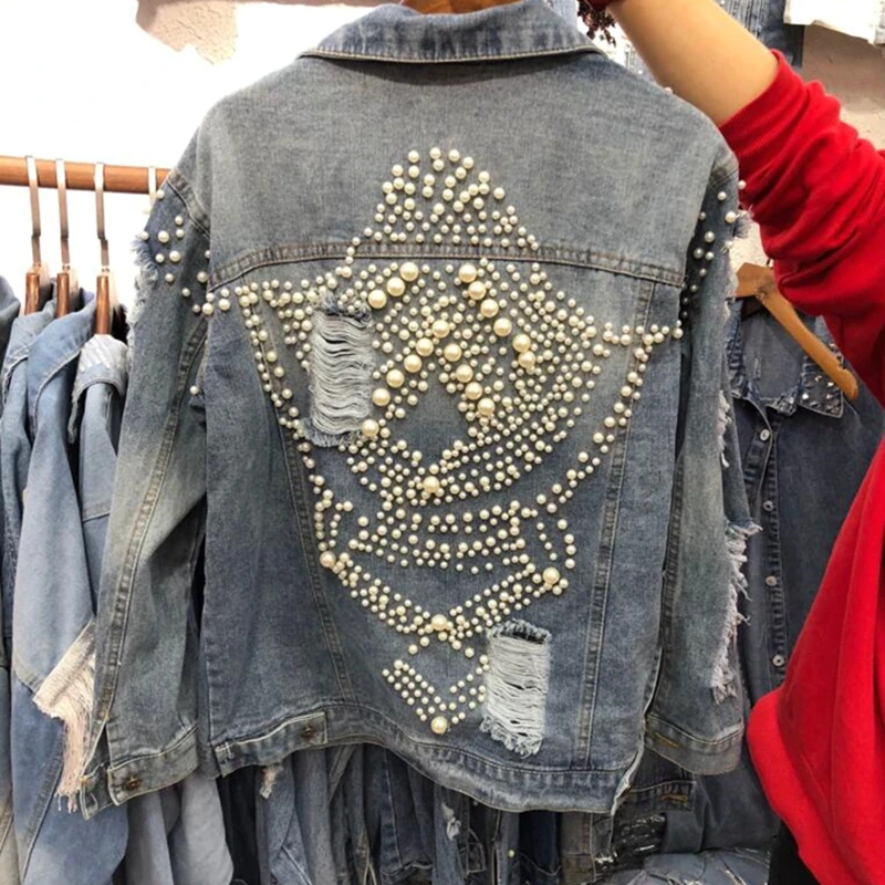 awesome Luxury Pearls Denim coat Punk Rock Jeans jacket 2018 New Beading Hip Hop Holes Coat Big Size Coats