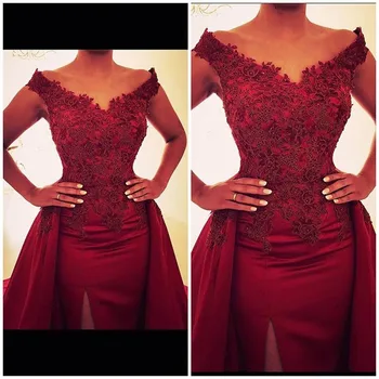

Formal Evening Dresses 2019 Dark Red Off the Shoulder Overskirt dubai Arabia robe de soiree vestido de fiesta de noche abiye
