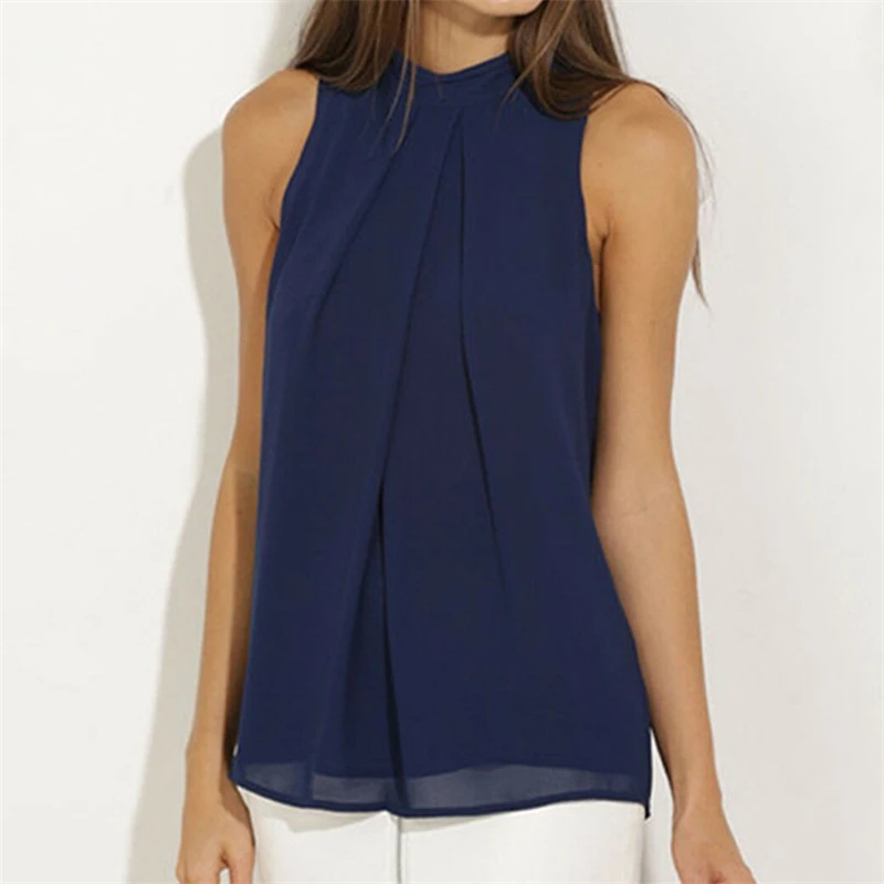 

Fashion Hot Women Navy Blue Chiffon Blouses Summer Top Elegant Sleeveless Ruched Shirt Casual Simple Tops