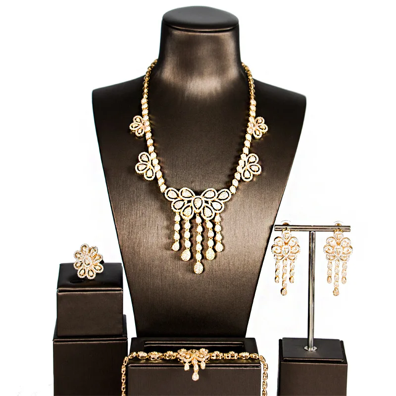 

Zircons Set Of Bride Jewelry Flowers Fringed Gold Necklace Wedding Genuine Plating