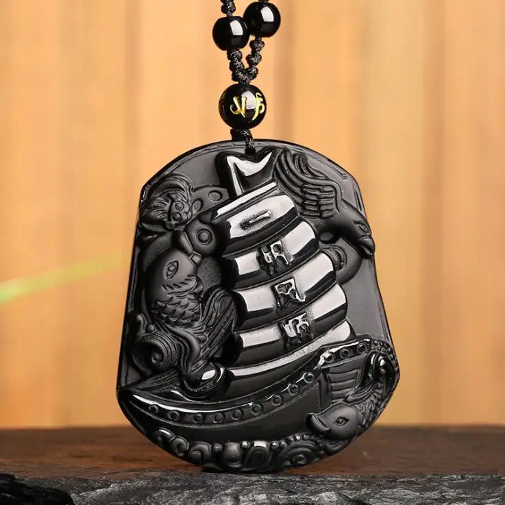 

Natural black obsidian chinese smooth sailing good lucky pendant necklace