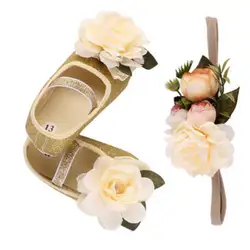 Горячая Распродажа Новорожденный ребенок Для принцессы цветочный мягкая подошва кроватки обуви повязка 2 шт. противоскользящие кожаные