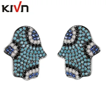 

Womens Fashion Jewelry CZ Cubic Zirconia Hamsa Hand Turkish Blue Eye Bridal Wedding Stud Earrings Girls Promotion Birthday Gifts