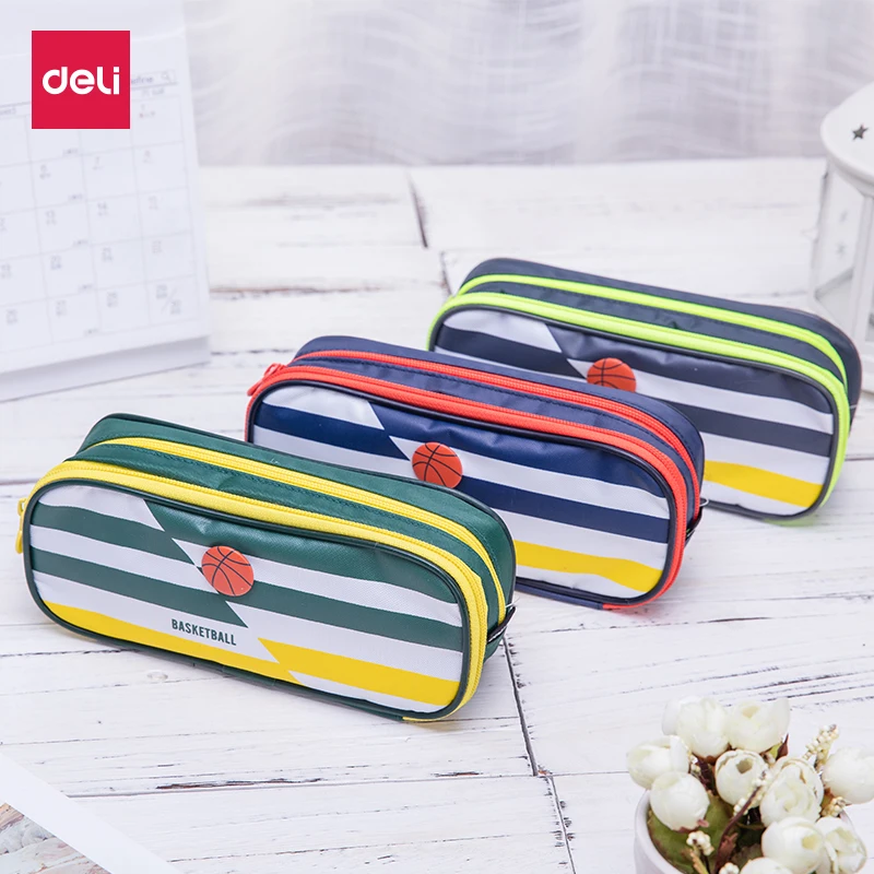 1pcs Deli 66669 basketball students stationery bag bag striped canvas bag stationery pencil box