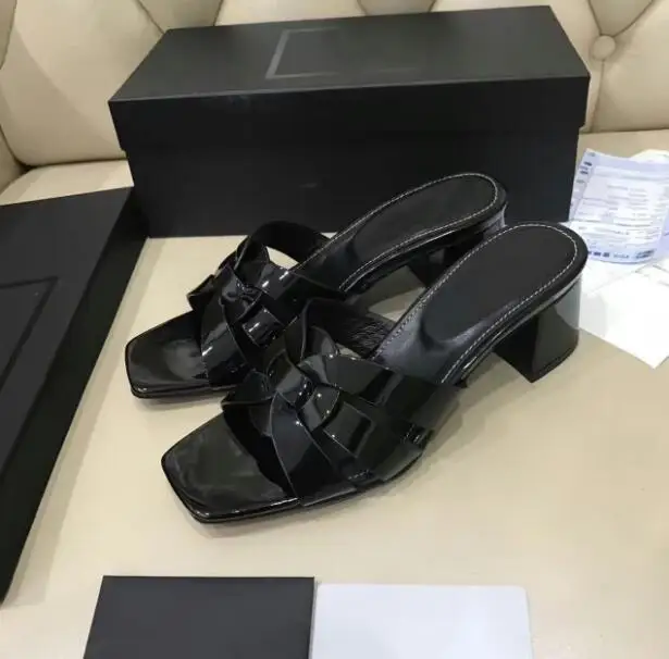 

Summer 2019 New Black Slippers Genuine Cow Leather With One-word Slipper 4.5cm Heels Medium Heels Open-toed Sandals Women's Shoe