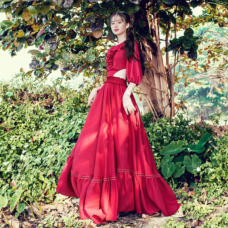 

Free Shipping Boshow 2019 New Summer Vintage Elastic Waist One-piece Long Maxi Lantern Half Sleeve S-L Red Ruffles Dresses Women