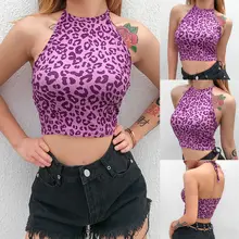 Женская летняя сексуальная пляжная леопардовая бандажная блузка без рукавов, футболка с открытой спиной, облегающая спортивная майка, пляжная одежда, купальник