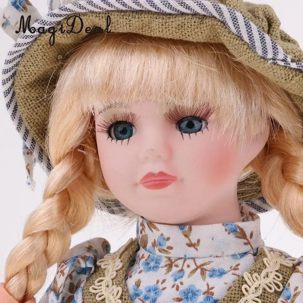 30cm Cute Porcelain Girl Doll People Figure with Green Clothes Set Decor Gift