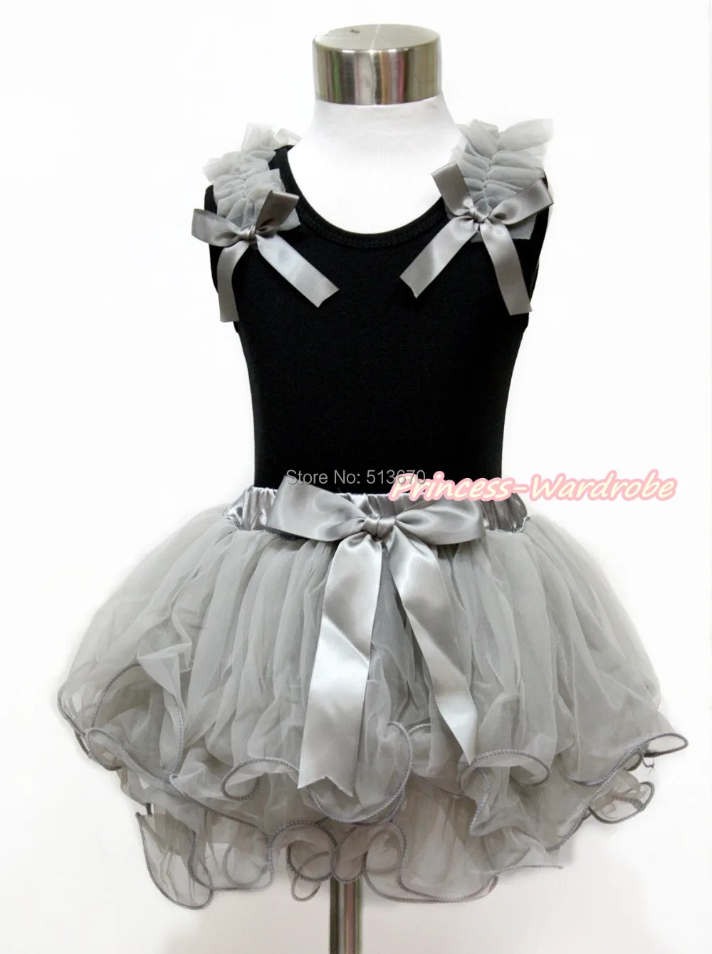 

Gray Ruffle Bow Black Pettitop Baby Girl Gray Petal Pettiskirt Set NB-8Year MG1142 NG1443