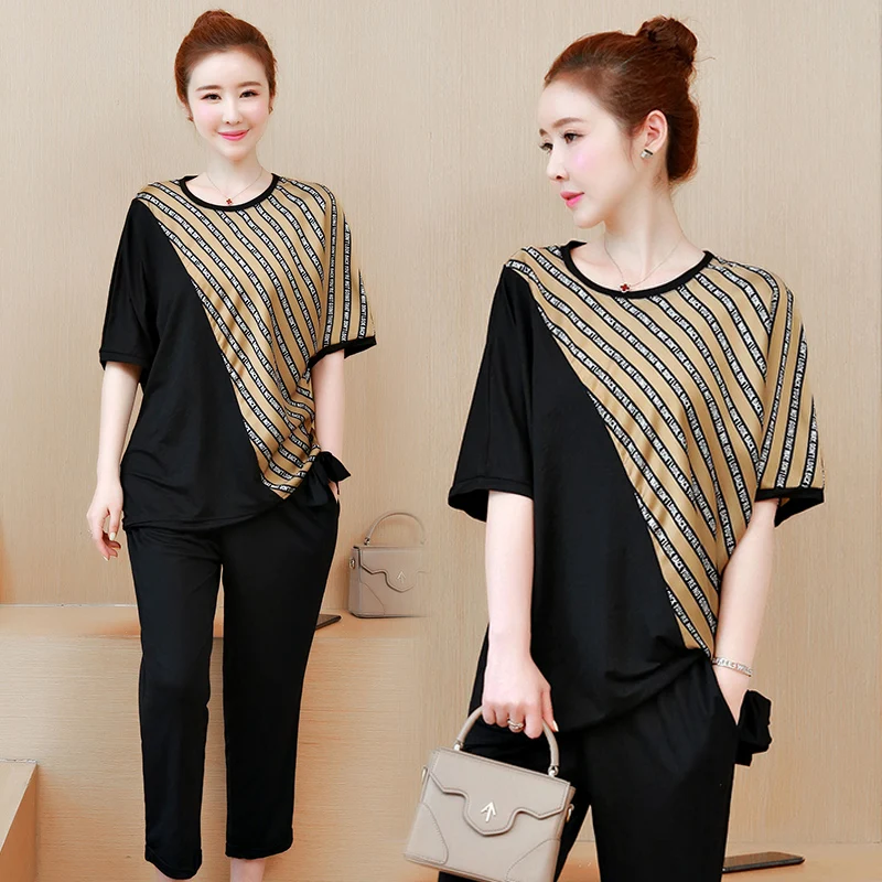 

Plus Size L 3XL 4XL 5XL 2 Piece Matching Set Women Outfits Striped Co-ord Set Pants and Top 2019 Summer Black Suits Clothing
