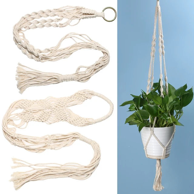 Vintage Knotted Plant Hanger Basket Green Flowerpot Macrame Lifting Rope Plant Hanger Pot Holder Garden Hanging Flower Display