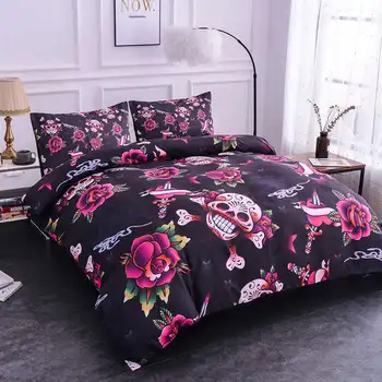 

ZEIMON 3D Pink Rose Bedding Sets Sugar Skull Print Duvet Cover Set King Queen Size Bed Cover White Bedclothes Home Textile 3Pcs