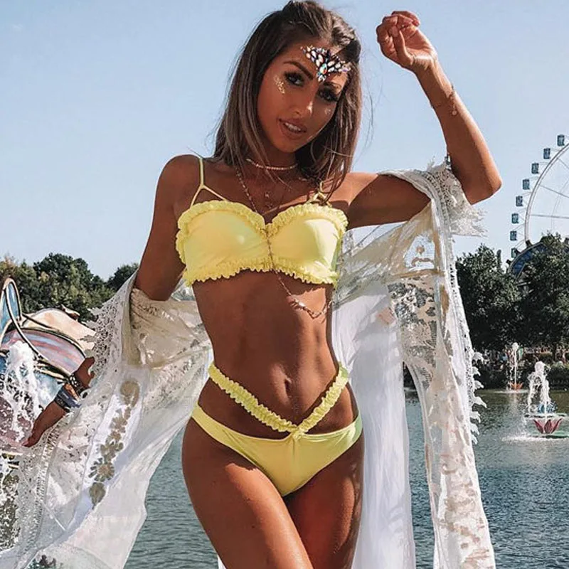 

Sexy Frilling Bikini Solid Swim Beachwear Agaric Laces Swimwear Women Brazilian Bikini Biquinis Cut Out Swimsuit Push Up Bikini