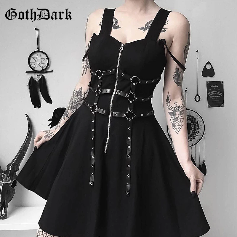 Baratos Vestido gótico para mujer con ojales cremallera web harajuku negro mini vestidos grunge verano 2019 sin mangas sin espalda a line sexy punk rock