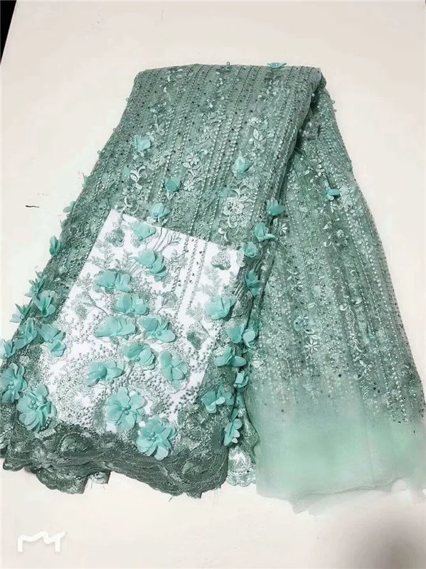 Нигерийское Африканское Свадебное кружево из тюля высокого качества Роскошные цветы ручной работы французская вышивка, кружево бежевое бисерное кружево ткань зеленый - Цвет: RF5