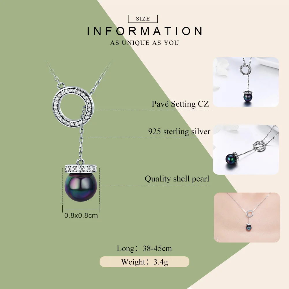 BAMOER 100% 925 Sterling Silver Circle Black Imitation Pearl Elegant Long Chain Women Pendant Necklace Silver Jewelry SCN200