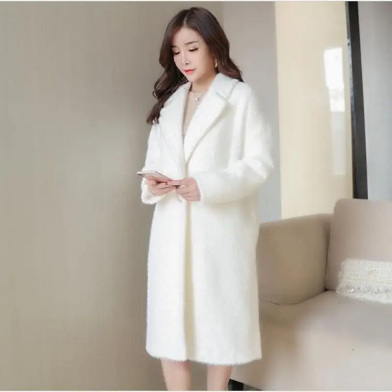 

2018 Autumn and Winter New Thicken white Wool Coat Women's Long Suit Suit Collar Woolen Coat Slim Woolen Cardigan Coat