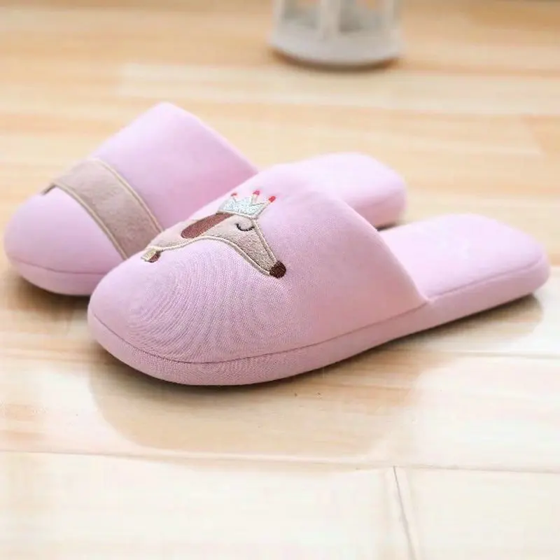 Women's Fuzzy Pink And Light Blue Dog Plush Cotton Slippers Slip On Dachshund Female Slippers