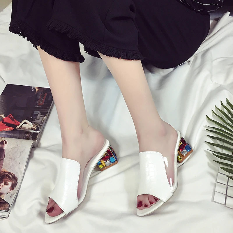HTB1B.OXvKSSBuNjy0Flq6zBpVXaQ KarinLuna 2019 brand Big size 41 elegant crystals chunky Heels Summer women's Shoes Woman Sandals leisure Shoes women slippers