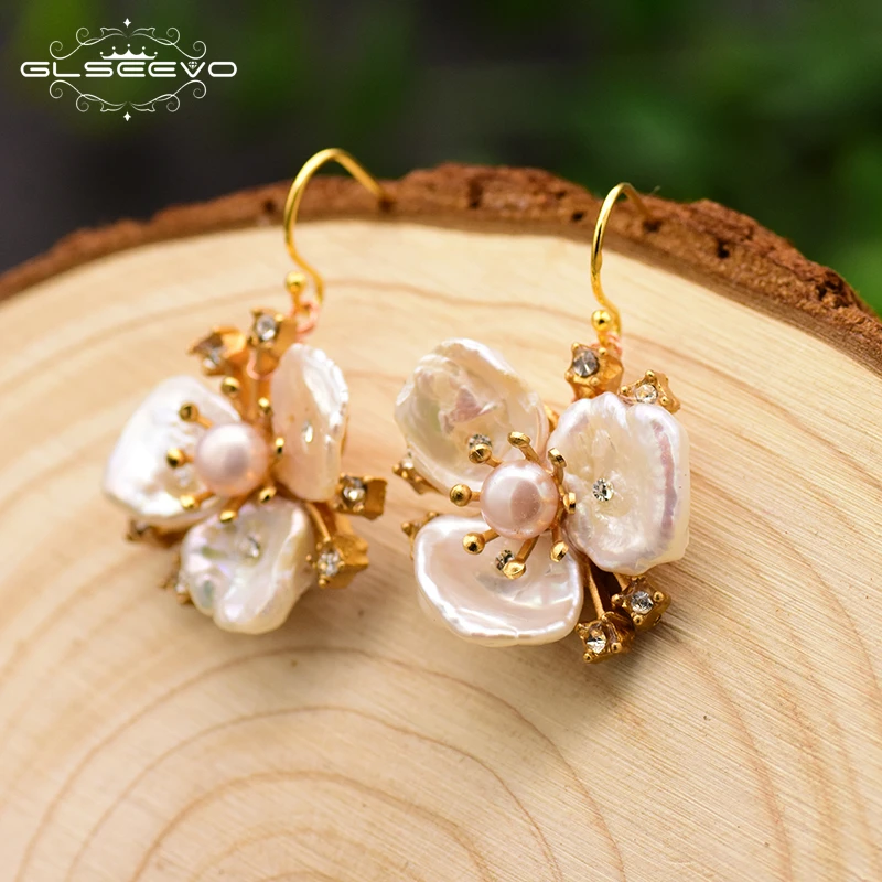 

GLSEEVO Original Design Handmade Natural Fresh Water Pearl Flower Drop Earrings For Women Wedding Luxury Jewelry Kolczyki GE0713