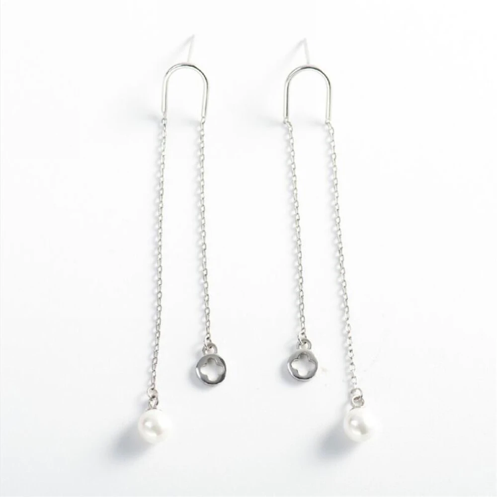 

925-031E 100% 925 Sterling Silver Fashion Pearl Pendent Ladies`long Chain Earrings Female Jewelry Women Birthday Gift