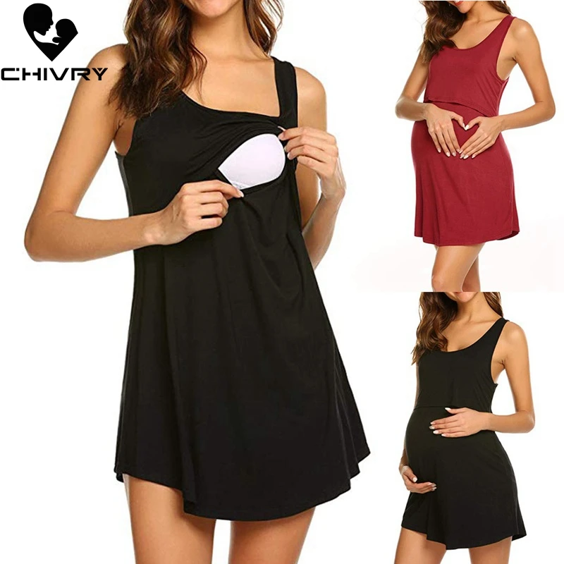 

Chivry Breast Feeding Nursing Maternity Dresses Cute Mom Sleeveless O-neck Pregnancy Tank Dress Women Vestidos De Maternidad