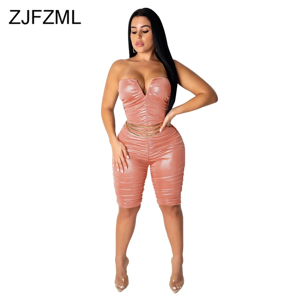 

Strapless Pleated Rompers Womens Jumpsuit Summer Cold Shoulder Backless Bodycon Playsuits Casual Sleeveless One Piece Overalls