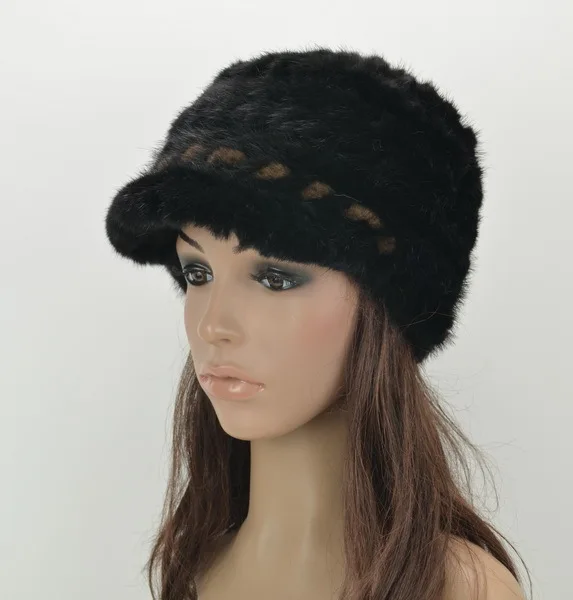 

HA127-Fashion knitted warm cap with natural mink fur, Luxury little brim gray brown autumn winter fur hats female