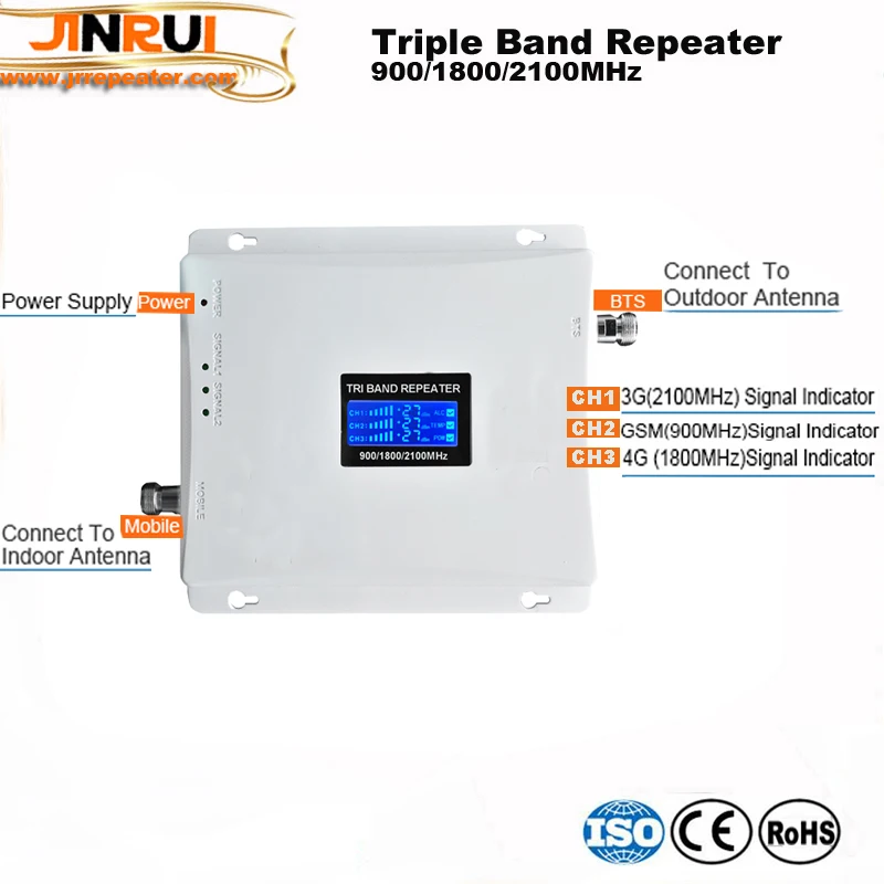LCD display2G 3G 4G GSM repeater 900 WCDMA 2100 LTE 1800 Tri Band cellular Signal Booster 70dB Gain gsm Repeater 3G 4G Amplifier (5)