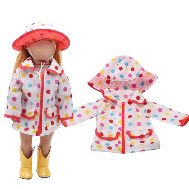 18 дюймовая кукольная одежда для девочек белый дождевик в горошек+ шляпа, американское платье для новорожденных детские игрушки, размер 43 см, детские куклы c271
