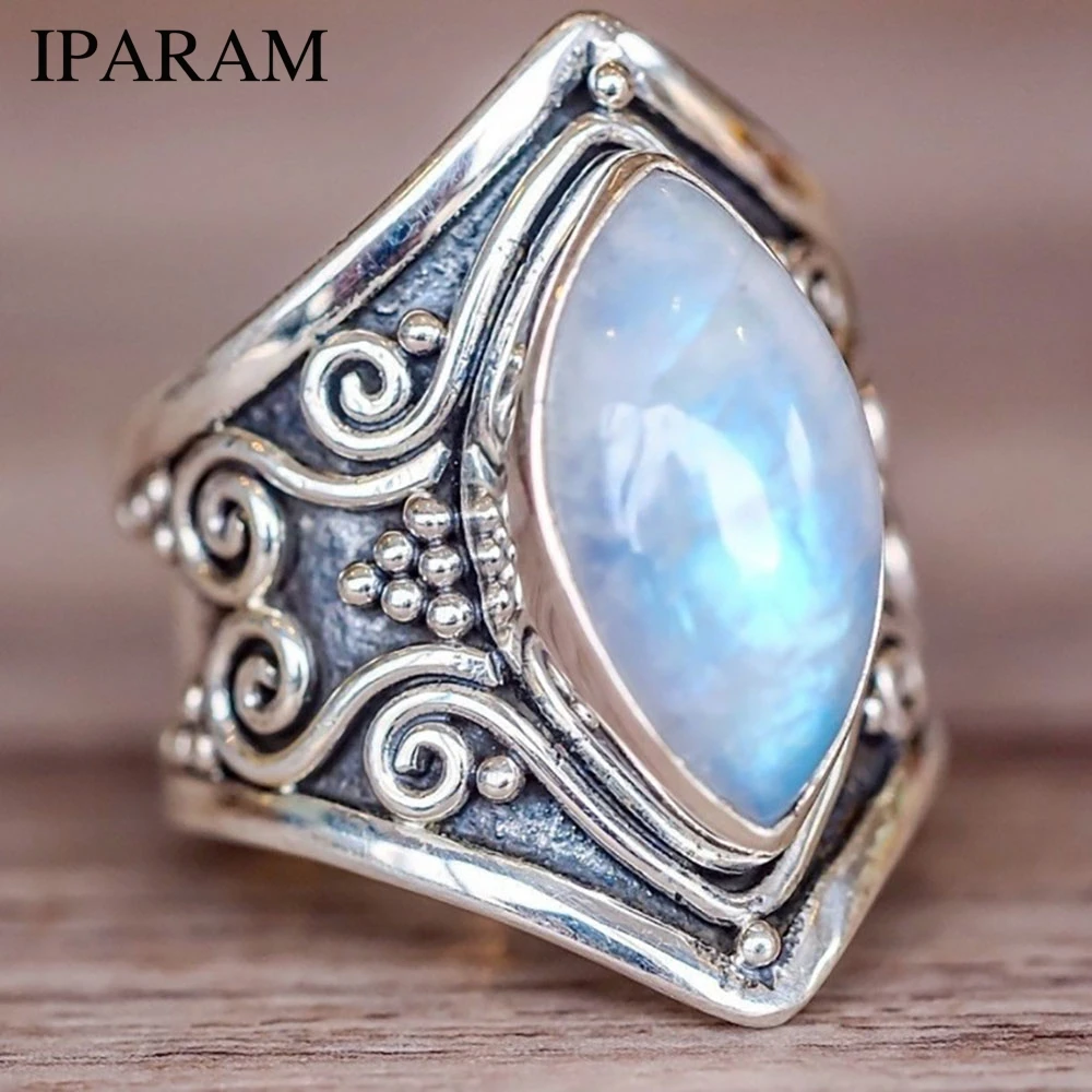 

IPARAM 2019 Bohemian Vintage Silver Big Stone Ring for Women Boho Jewelry Gift Wedding Rings Opal Ring Mens Rings Wedding Band