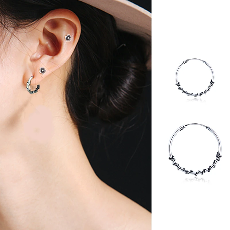 

2019 Vintage Sterling Silver Handmade Big Small Circle Ear Bone Hoop Earrings For Women Fashion Jewelry Accessories Buckle Round