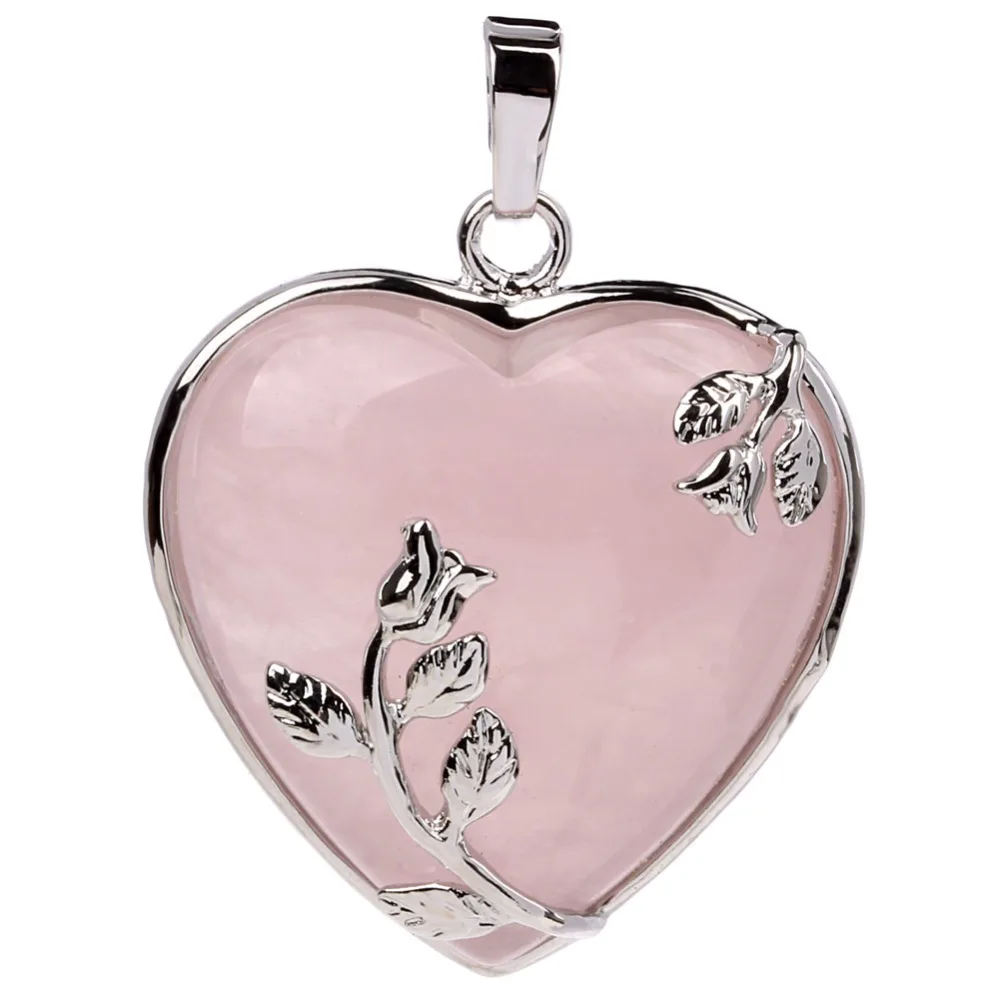 Натуральный розовый кристалл кварца перевернутый Камень Чакра Покрытие Сплав в форме сердца с цветочным краем кулон