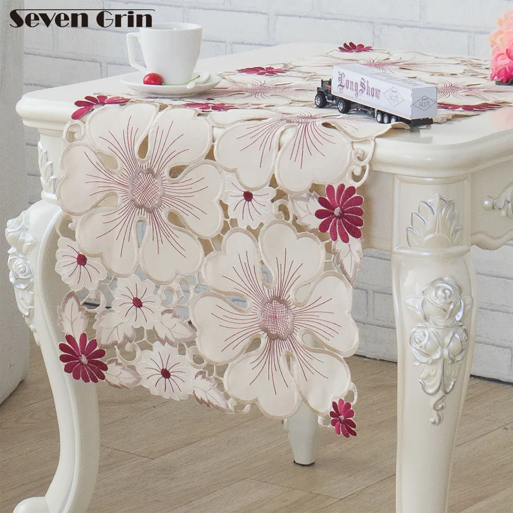 

Free Shipping Wine Coffee Colour Satin Fabric Embroidered Festival Wedding Party Decoration Table Runner