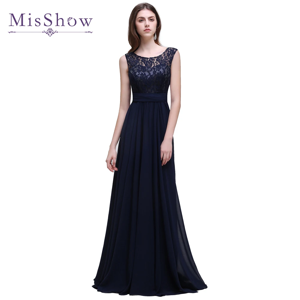 

Cheap Under 50$ Navy Blue A-line lace evening dresses Women sleeveless long evening dress chiffon formal party dress 4 Styles