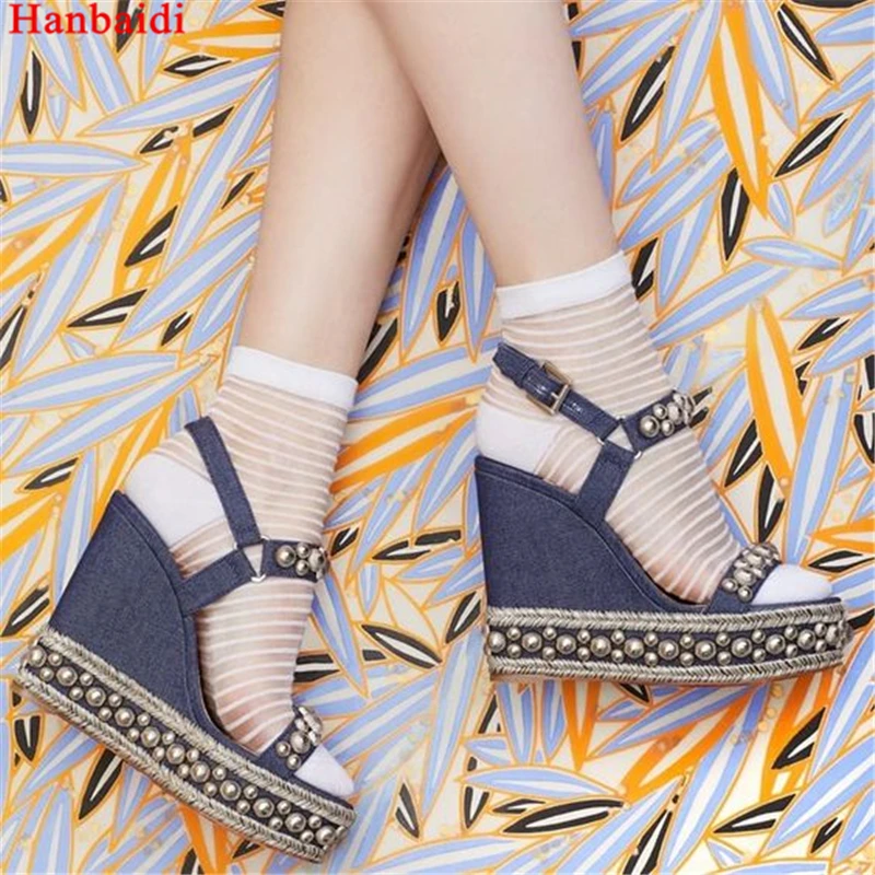 

Hanbaidi Sexy Wedges Platform Women Summer Sandals Super High Heels 12 cm Party Dress Pumps Runway Rivets Studed Pearl Sandals