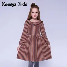 Kseniya Kids/Детские хлопковые платья для девочек милое праздничное платье с длинными рукавами, цветочной аппликацией и полосатым воротником в стиле Питера Пэна для девочек 6, 8, 10 лет