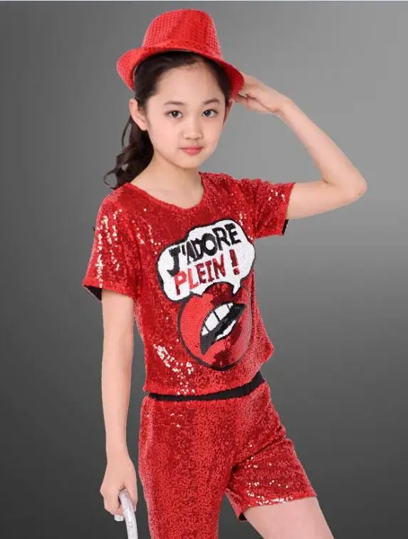 Детские костюмы в стиле хип-хоп, расшитые блестками, для выступлений, для девочек, джаз, современные танцевальные костюмы, детские танцевальные костюмы, комплект одежды, Топы+ штаны - Цвет: Red 1